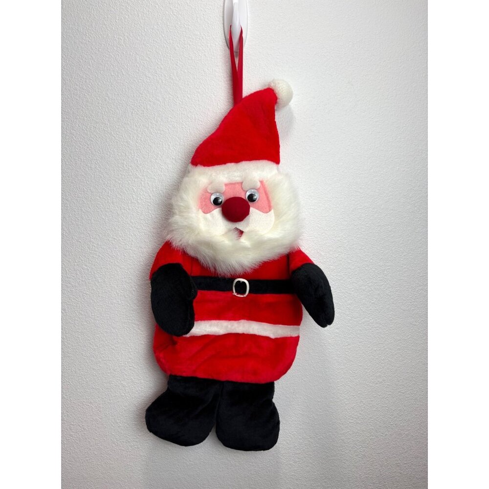 Vintage 3D Santa Claus 21" Hanging Plush Christmas Stocking Pockets Front and Ba
